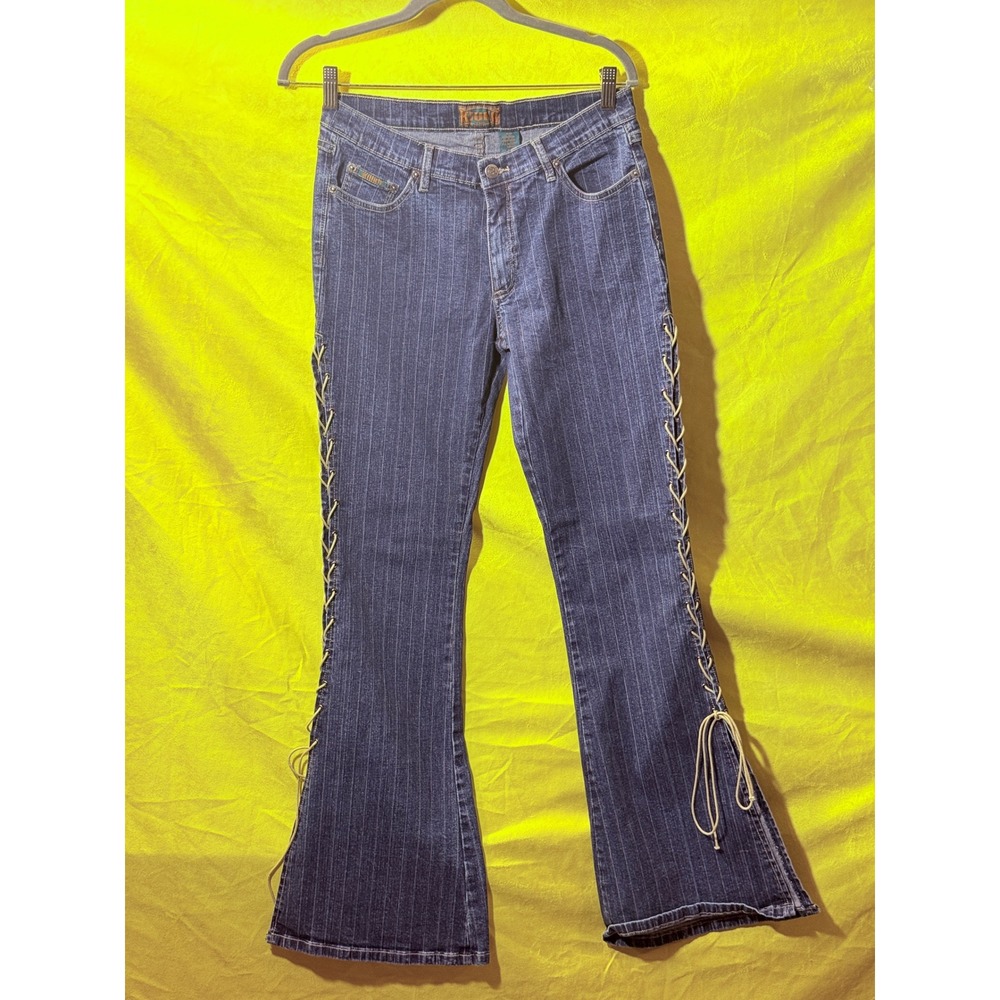 Kiuko Jeans Womens 13/14 Dark Wash Pinstripe Lace Up Side Flare Leg Y2K Denim